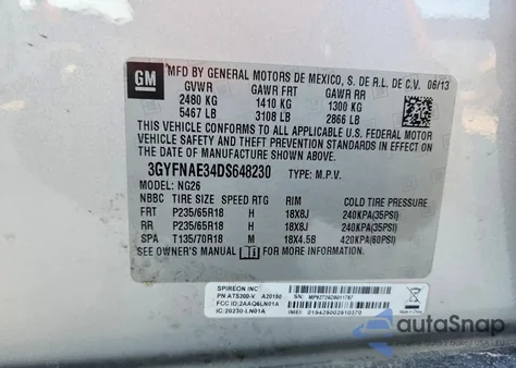 2013 Cadillac Srx z USA, uszkodzony, nr VIN 3GYFNAE34DS648230